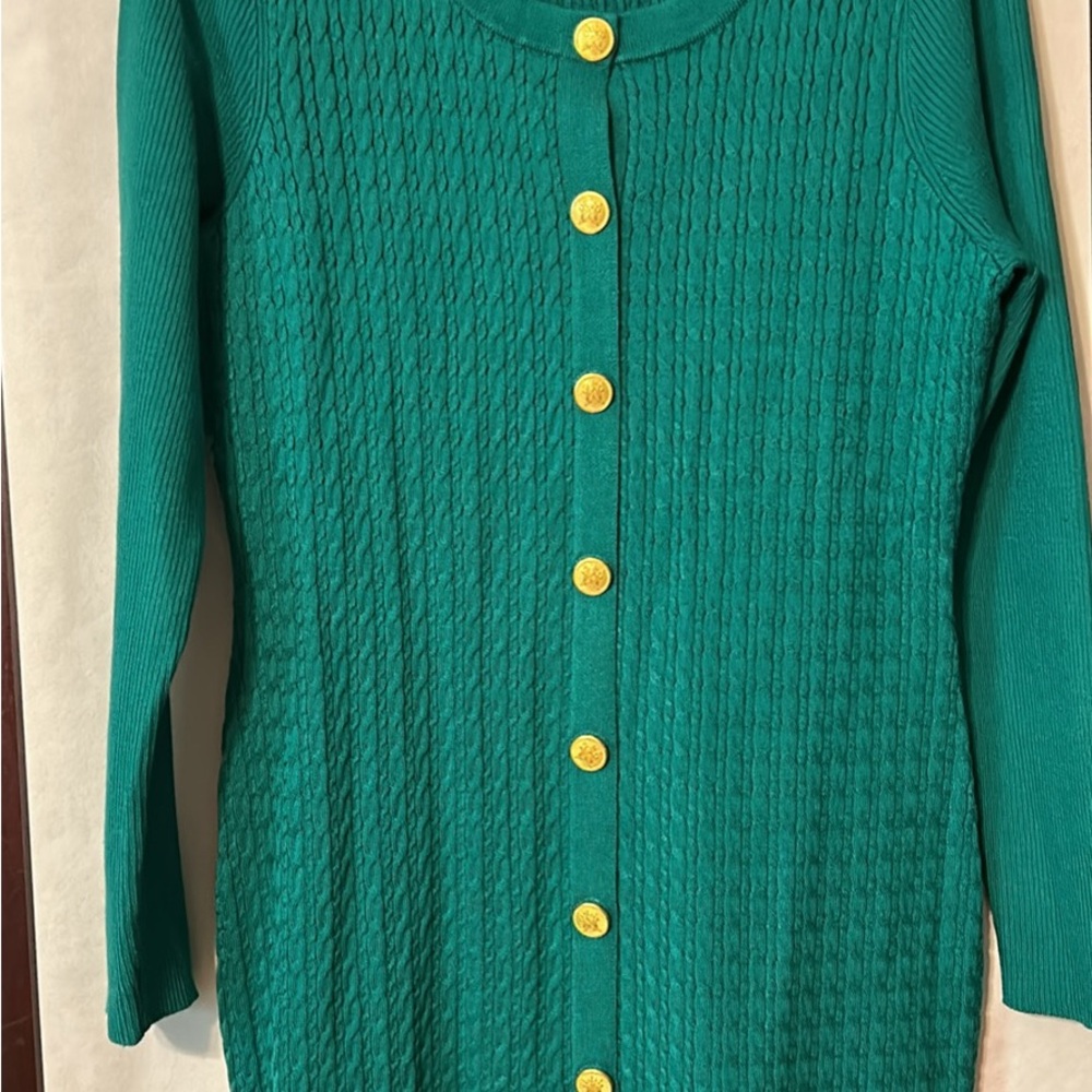 Taylor Women's Size X-Large Green Cable-Knit Sweater Dress Gold Buttons Stretch